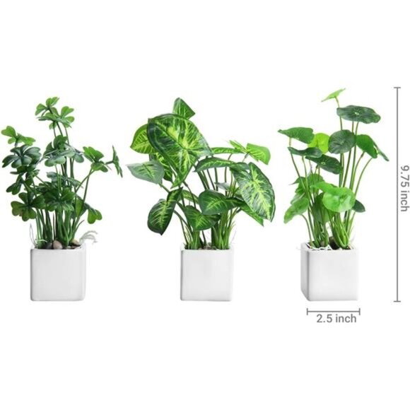 Small Fake Plants Set White Ceramic Pots Indoor Decor Shelf Desk Table - Picture 2 of 6